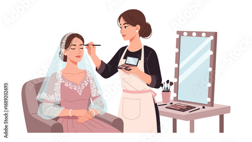 Professional makeup artist applying cosmetics to a bride in a salon setting with a lighted mirror