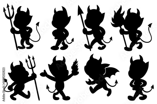 Cute Devil Silhouette Vector Set | Little Demon Cartoon Characters with Pitchforks