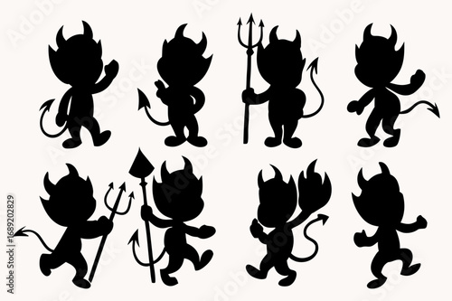 Cute Devil Silhouette Vector Set | Little Demon Cartoon Characters with Pitchforks
