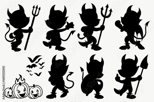 Cute Devil Silhouette Vector Set | Little Demon Cartoon Characters with Pitchforks