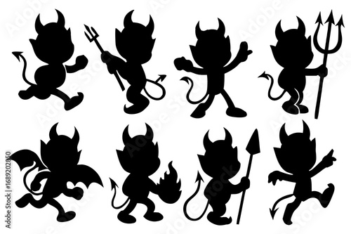Cute Devil Silhouette Vector Set | Little Demon Cartoon Characters with Pitchforks