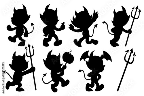 Cute Devil Silhouette Vector Set | Little Demon Cartoon Characters with Pitchforks