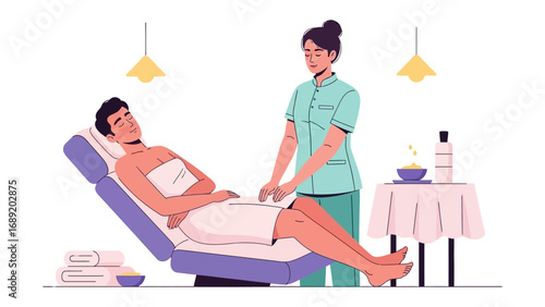Skilled aesthetician performs leg waxing treatment on a relaxed male client in a bright modern salon