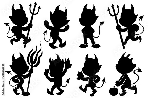 Cute Devil Silhouette Vector Set | Little Demon Cartoon Characters with Pitchforks