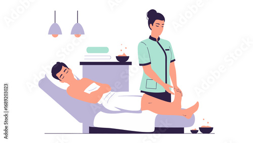 Professional aesthetician performing a relaxing body treatment on a client in a serene spa setting