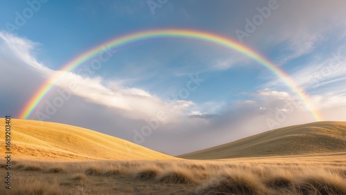 A rainbow arching over rolling golden hills with blue sky and clouds. Nature landscape scene with vibrant colors and peaceful atmosphere.