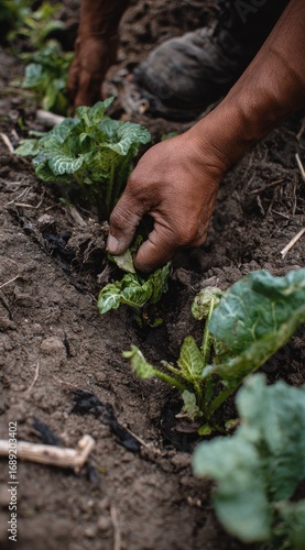 Hands gently tend to young green plants in a dark, furrowed earth field, a scene hinting at growth and diligent cultivation in rural setting