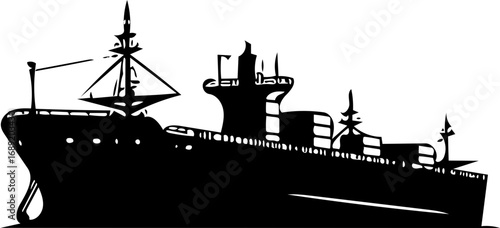 A striking black silhouette of a large cargo ship, an iconic vector illustration representing maritime transport and global logistics