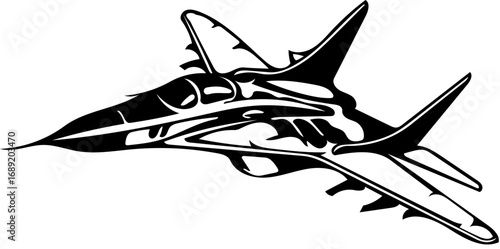 Dynamic aerial pursuit vehicle depicted in a stark black ink graphic. A powerful symbol of aviation technology and air force might