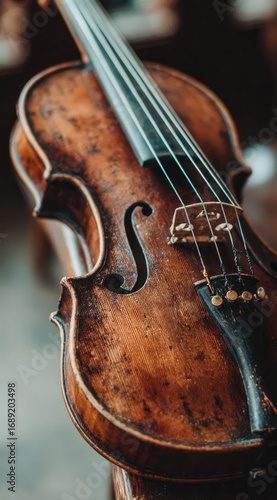 Close-up of an aged violin shows its wood grain and details, bathed in warm, natural light. The strings and scroll are in sharp focus against a blurred background