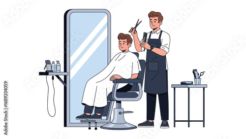 Barber cutting a client s hair in a modern salon with a large mirror and professional tools