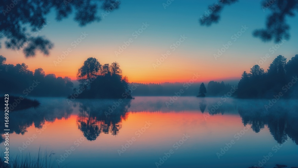 Obraz premium Serene lake scene at dawn with calm water, silhouetted trees, and a colorful sky reflecting on the surface. Nature and landscape photography. Tranquility and morning atmosphere.