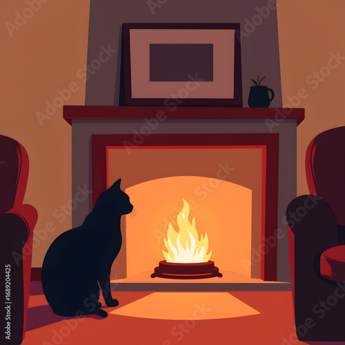 Black cat sitting by warm fireplace in cozy living room  