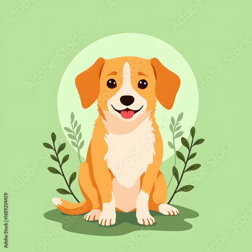 Cartoon dog sitting surrounded by green foliage and smiling  