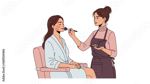 Professional makeup artist applying blush to a client s face with a brush in a beauty salon setting