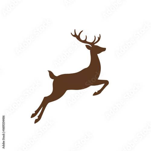 Brown deer leaping gracefully across a snowy field during winter, showcasing its agility and beauty in the serene landscape.