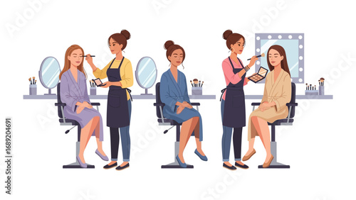 Professional makeup artists applying cosmetics to clients in a bright well equipped beauty salon setting