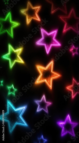 A dark background with radiant, multicolored star shapes in varying sizes dispersed throughout the frame. Bright, glowing outlines define each star