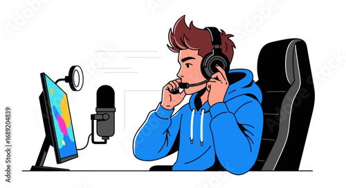 Cartoon Gamer Concentrating with Headset and Microphone.