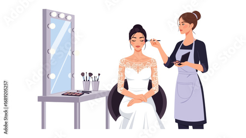 Bride receiving professional makeup application before wedding ceremony with stylist and vanity setup