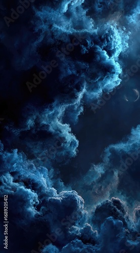 Moody, dark, vertical composition of swirling blue clouds illuminated in sections with lighter shades; abstract atmosphere, deep shadows, and dramatic lighting