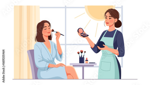Professional makeup artist applying cosmetics to a client in a bright airy studio setting