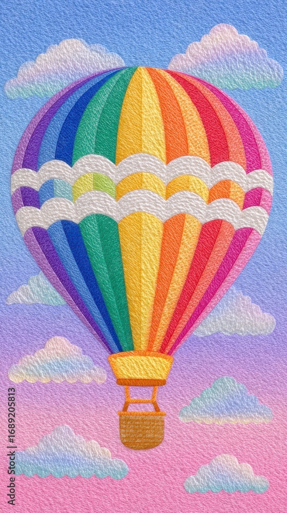 Naklejka premium Rainbow Glitter Hot Air Balloon in Pastel Sky