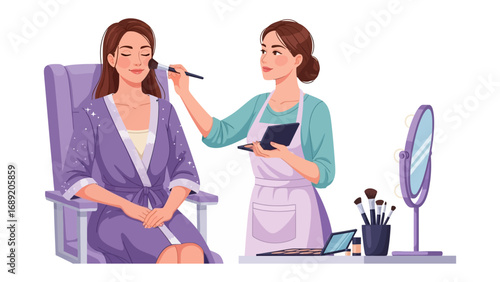 Professional makeup artist applying cosmetics to a client in a salon setting with mirror and brushes
