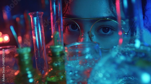 Close-up view of a person's face between glassware, illuminated with red and blue lights, creating a mystical and scientific atmosphere