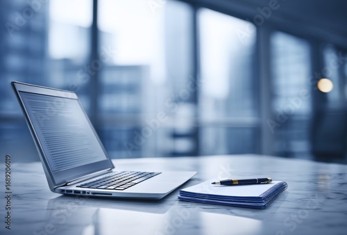 Laptop, notebook, and pen sit on a light marble desk against a blurred city background, creating a professional, modern workspace atmosphere