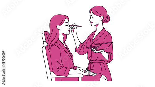 Artist applying makeup to a woman s face with a brush in a stylized pink illustration