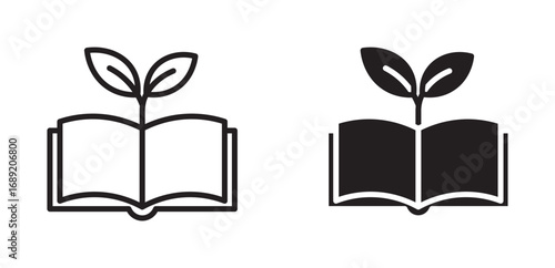 Open book with growing plant icon set, education, growth, knowledge icons. 