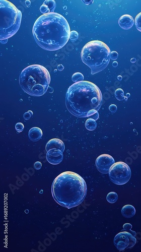 Wallpaper Mural Iridescent bubbles of varying sizes ascend through a deep blue liquid, illuminated from above, creating a dreamy, ethereal underwater scene Torontodigital.ca