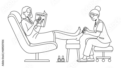 Woman relaxing while receiving a pedicure from a professional technician in a salon setting