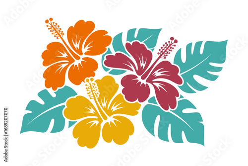 A vibrant illustration of three stylized tropical hibiscus flowers in orange, yellow, and magenta, with exotic teal leaves on a white background.