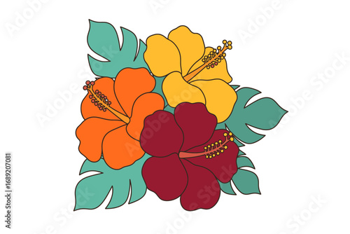 Vibrant Tropical Hibiscus Flower Illustration with Lush Green Leaves, Perfect for Summer Designs