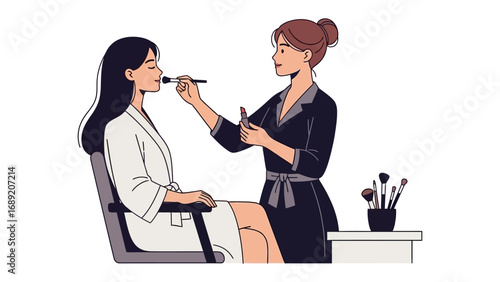 Professional makeup artist applying foundation to a client s face with a makeup brush in a studio setting