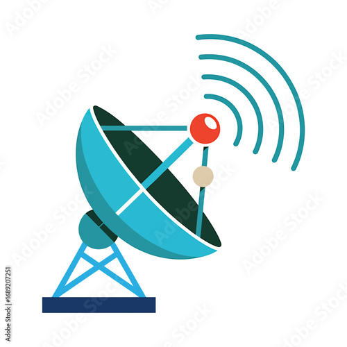 A modern illustration of a satellite dish antenna broadcasting high-speed data signals for global communication technology.