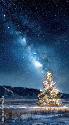 A solitary, illuminated fir tree stands in a snowy field beneath a vibrant Milky Way, a backdrop of distant mountains completing the serene nightscape