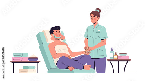 Medical professional provides care to a patient resting in a reclining chair with oxygen mask