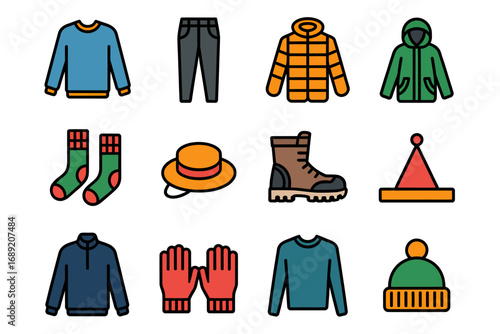 Collection of Winter Clothing and Accessories Icons A Visual Guide to Seasonal Fashion and Outdoor Gear