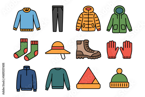 Set of Flat Design Icons Representing Various Clothing Items for Outdoor Activities and Casual Wear