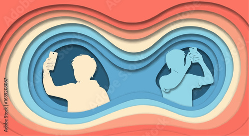 A contemporary paper-cut illustration showing two individuals absorbed in taking selfies, symbolizing modern digital life and social media culture