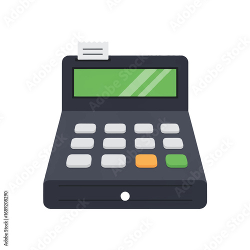 Cash register displaying a green screen and printing a receipt in a modern office setting, symbolizing financial transactions and business operations.