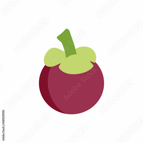 Simple flat illustration of a mangosteen fruit with a green stem on a white background