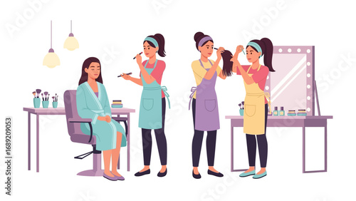 Makeup artists in training practice professional beauty techniques on a client in a well lit studio setting