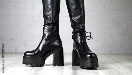 Black platform boots on legs