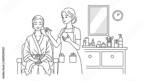 Professional makeup artist applying cosmetic foundation to a woman s face in a salon setting