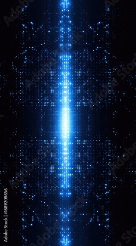 Symmetrical glowing blue light tunnel. Abstract dark background with radiant particles forming a geometric pattern