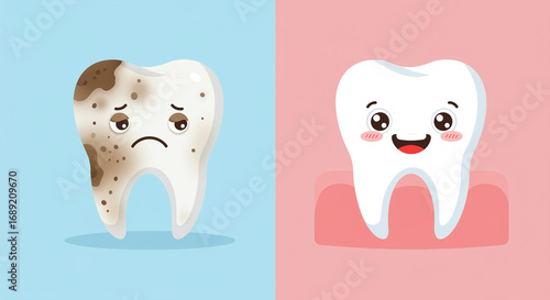 Cartoon Tooth Comparison Clean vs Decayed teeth dental hygiene o